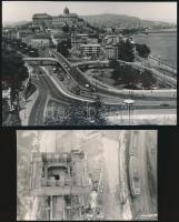 cca 1963 és 1966 Budapest, villamosok az Erzsébet híd budai hídfőjénél, 2 db vintage fotó, 9x14 cm és 13x18 cm