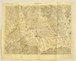 1912 Rimaszombat katonai térképe, K. u. K. Militär-Geographisches Institut, rajta kézzel felrajzolt első világháborús hadtestek helyzete és a frontvonal, 43,5x54 cm