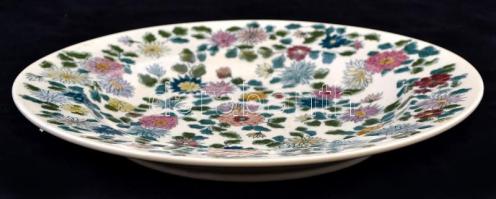 cca 1880 Zsolnay virág mintás tál, kézzel festett porcelánfajansz, jelzett (TJM), hibátlan, d:33,5 c...