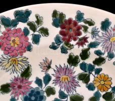 cca 1880 Zsolnay virág mintás tál, kézzel festett porcelánfajansz, jelzett (TJM), hibátlan, d:33,5 c...