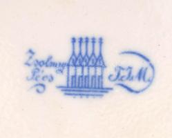 cca 1880 Zsolnay virág mintás tál, kézzel festett porcelánfajansz, jelzett (TJM), hibátlan, d:33,5 c...