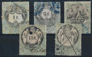 1868 Határőrvidék 5 db klf okmánybélyeg, közte 15ft (RR) érvénytelenítő lyukasztással, 20ft jobb oldalon vágott (72.000) / 3 fiscal stamps + 1 stamp with printers punching + 1 stamp perforated on 1 side