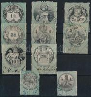 1873 8 db Forintos + 2 db krajcáros okirati illetékbélyeg vízjeles papíron