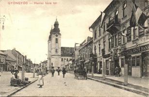 Gyöngyös, Hanisz Imre tér, Általános bank, magyar zászlók, templom. W. L. Bp. 6181.