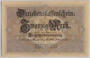 Német Birodalom 1914. 20M 7 jegyű sorszámmal T:II-,III
German Empire 1914. 20 Mark with 7 digit ser...