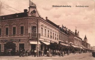 Hódmezővásárhely, Andrássy utca, Vendéglő a Kék Csillaghoz, Anhalzer G. és Társa üzlete, kerékpár (EK)