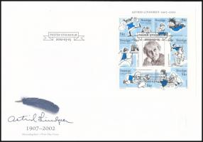 Astrid Lindgren stamp-booklet sheet FDC, Astrid Lindgren halála bélyegfüzetlap FDC-n