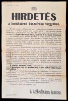 1909 Budapest, hirdetés a kerékpárok összeírása tárgyában, hajtások mentén kis szakadással, 47,5×32 cm
