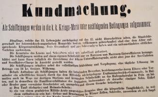 1874 Pola, Osztrák-magyar Haditengerészet matróz toborzó hirdetménye, német nyelven, szélein kis sza...
