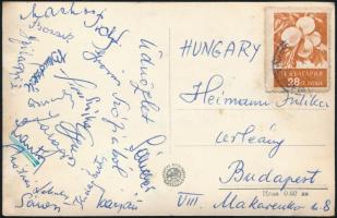 1957 Az Aranycsapat játékosainak (Lantos, Faragó, Bozsik, stb.) aláírásai a bolgár-magyar mérkőzésről küldött levelezőlapon