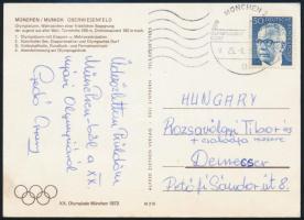 1972 Gedó György (1949- ) olimpiai bajnok ökölvívó üdvözlő sorai és aláírása a müncheni olimpiáról küldött levelezőlapon + névjegykártyája és fotója