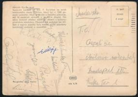 1957 Az ökölvívó Eb magyar válogatott tagjainak (Czabajszki, Kisfalvi, Erdélyi, stb.) aláírásai Prágából küldött levelezőlapon