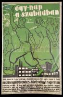 1936 Egy nap a szabadban Szociáldemokrata Párt népünnepélye a hűvösvölgyi nagyréten, plakát, jelzett (Fehér), restaurált, 94,5x62 cm / Hungarian social democrat partys poster, restored, 94,5x62 cm