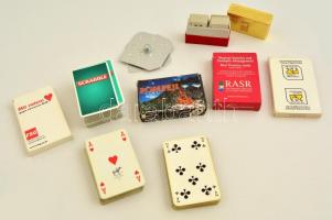 Vegyes, érdekes kártya tétel, összesen 8 csomag, köztük, Piatnik mini kártya, Scrable kártya+ kártya nyomtatáshoz használt fém minta