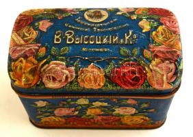 cca 1890 Orosz cég. V. Viszockij festett, dombornyomott fém teás doboz / Russian tea box. Painted me...