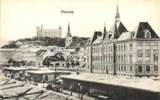 Pozsony, Pressburg, Bratislava; Duna part, raktárak, háttérben a vár / Danube riverbank, storages, castle