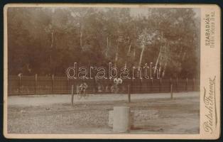 cca 1890 A Vermes féle palicsi versenypálya kerékpár versenyzőkkel. Pietsch szabadkai fotós fényképe / cca 1890 Racing track with bike racers. 11x6,5 cm