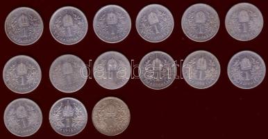 Ausztria 1K Ag 1893 (6x), 1894 (3x), 1899, 1900 (2x), 1904, 1915 (2x) Összesen 15db T:2,3