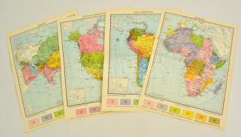 cca 1930-1940 4 db térképmelléklet az Új idők lexikonából: Afrika, Észak-Amerika, Ázsia, Dél-Amerika, 33×24,5 cm