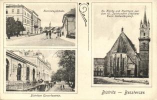 Beszterce, Bistritz, Bistrita; Komitatsgebäude, Ev. Kirche und Stadtturm aus dem 15. Jahrhundert (höchster Turm Siebenbürgens), Bistritzer Gewerbeverein / Vármegyeháza, Evangélikus templom és várostorony a 15. századból (legmagasabb erdélyi várostorony), Ipartársulat / county hall, church and city tower from the 15th century, trade association's building