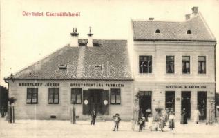 Csernátfalu, Cernatu (Négyfalu, Sacele); Drodtloff József gyógyszertára, Stingl Karolin üzlete és saját kiadása / pharmacy, shop