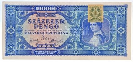 1945. 100.000P kék színű, zöld MNB bélyeggel, M023 024325 T:II / Hungary 1945. 100.000 Pengő blue color with green MNB stamp, M023 024325 C:XF  Adamo P24e