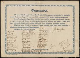 1909 a Pesti Hitközség polgári leányiskolája IV. b. osztályának emléklapja leendő osztálytalálkozóról, a diákok mellett Schichtanz Ármin (1862-?) iskolaigazgató és Rubinyi Mózes (1881-1965) osztályfőnök, irodalomtörténész aláírásával