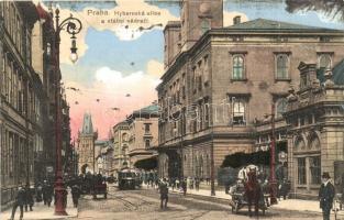 Praha, Prag; Hybernská ulice a státni nádrazí / street view, state opera, tram, horse carriage