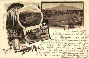 1897 (Vorläufer!) Pompeii (Pompei), Amphiteatro / Amphitheatre, city ruins, ox cart, folklore. Carlo Künzli floral Art Nouveau litho (EK)