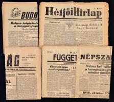 1956 Vegyes 1956-os folyóirat tétel, 13 db: Népszabadság, 84. évf. 255. sz., 1956. október 29.  Magyar függetlenség, I évf. 3-5. sz., 1956. október 31.-november 3.  Igazság. I. évf. 5.,7-8. sz., 1956. október 30., november 1-2.  Hétfői Hirlap I. évf. 2-4 sz., 1956. október 15.,22.,29. Esti Budapest. V. évf. 246.,249-250. sz. 1956. október 18.,22-23.