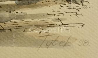 Tutek jelzéssel: Utca részlet. Akvarell színezett ofszet, papír, 25×16 cm