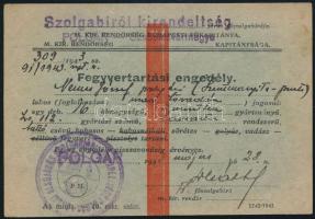 1943 Polgár, Szolgabírói kirendeltség által kiállított fegyvertartási engedély