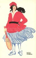 Teniszező hölgy művészlap, Diana krém reklám a hátoldalon / Tennis playing lady. Hungarian art postcard, creme advertising s: Győri Aranka (EK)