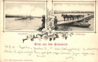Donau-Flottille, Brückenschlag / Dunai Flottilla őrnaszád (monitorhajó), pontonhíd / Danube Fleet river guard ship, pontoon bridge. Verlag Karl Baumgartner Tuttendörfl, floral Art Nouveau (EK)