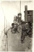 1929 Győr őrnaszád (monitorhajó), legénység pihenője a fedélzeten. Dunai Flottilla / Donau-Flottille / Hungarian Danube Fleet river guard ship, mariners resting aboard. photo