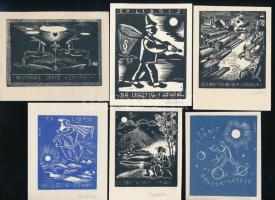 Vadász Endre (1901-1944): 6 db ex libris, linó és famestezetek papír, jelzettek / 6 bookplates of Endre Vadasz. Signed, lino and woodcuts