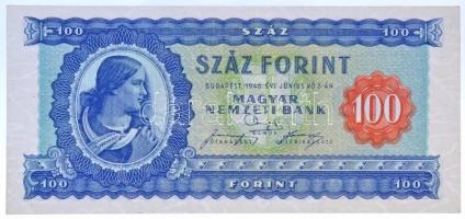 1946. 100Ft vízjeles papíron, vágáshibás, az alsó él 159mm hosszú, "B190 099542" sorszámmal T:I /  Hungary 1946. 100 Forint on watermarked paper, lower edge is 159mm long, with "B190 099542" serial C:UNC Adamo F26