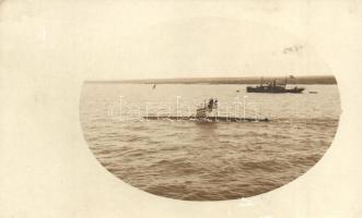 U-11 osztrák-magyar tengeralattjáró, matrózok a fedélzeten, hátul egy segédhajó / K.u.K. Kriegsmarine U-11 Unterseeboot, U-boot / WWI Austro-Hungarian Navy U-11 submarine, mariners aboard, support vessel in the background. photo