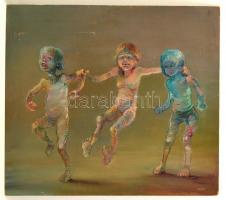 Hajósy Mónika (1953-): Mókázó gyerekek. Olaj, farost, jelzett, 56×65 cm