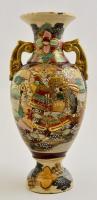 Jelzett kínai mázas kerámia váza, kézzel festett, máz lepattanással, m: 27 cm