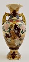 Jelzett kínai mázas kerámia váza, kézzel festett, máz lepattanással, m: 27 cm