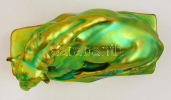 Zsolnay fekvő bivaly, eozin mázas, jelzett, hibátlan, m:12 cm, h:22 cm