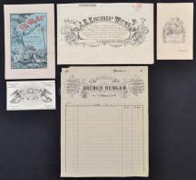cca 1870-1880 Különféle litografált aprónyomtatványok (étlap, hirdetés, alkalmi üdvözlet stb.), nagy...