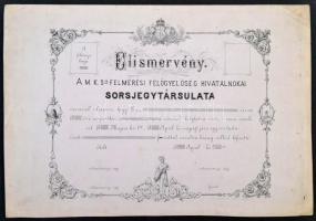 cca 1880 a Magyar Királyi 5ik Felmérési Felügyelőség Hivatalnokai Sorsjegytársulata kitöltetlen elismervénye