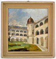 Fecko jelzéssel: Boltíves épület. Olaj, farost, keretben, 32×30 cm