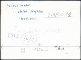 1988 Furkó Zoltán (1940-2014): Márai Sándor utolsó fényképe (1988. VII. 1.), fotó, hátulján felirato...
