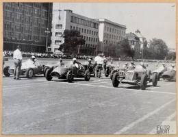 1958 Autóverseny Budapesten, 3 db fotó, kartonra ragasztva, Foto Győry, különböző méretben