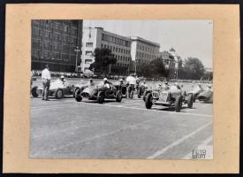 1958 Autóverseny Budapesten, 3 db fotó, kartonra ragasztva, Foto Győry, különböző méretben