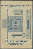 cca 1920 Lálity György biztonsági zárak reklámlap 10x15 cm