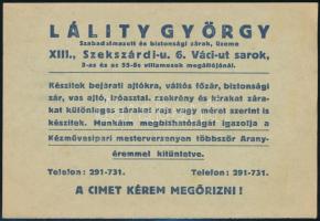 cca 1920 Lálity György biztonsági zárak reklámlap 10x15 cm